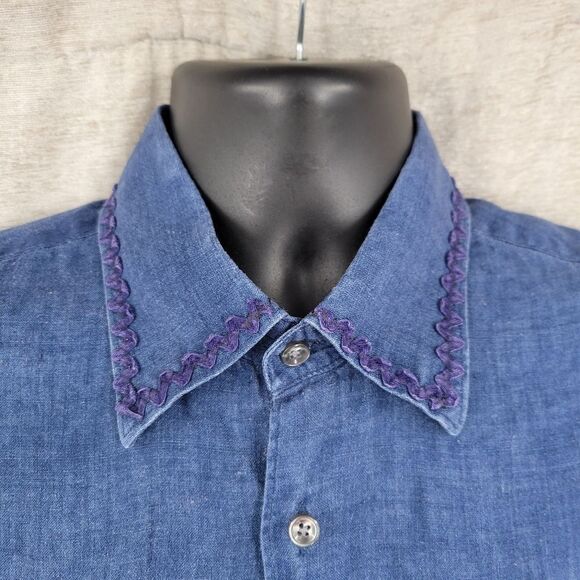 Scott Barber Vintage Men's Blue Linen Shirt with RicRac Trim - Picture 2 of 8